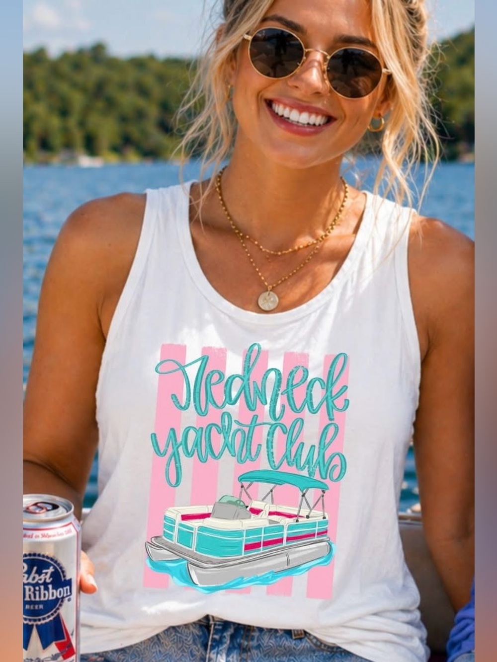 White "Redneck Yacht Club" Graphic Comfort Colors Tank Top Small-XL